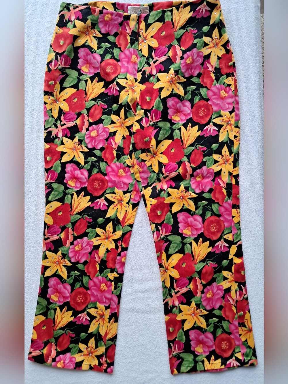 Cache Women's Floral Rhinstone Pants - Tropical Black, Pink, Red & Yellow Print